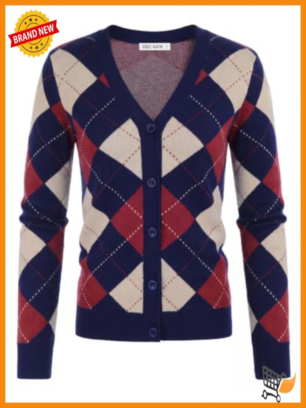 V-Neck Argyle Knit Cardigan Button Down Sweater Preppy Office Wear